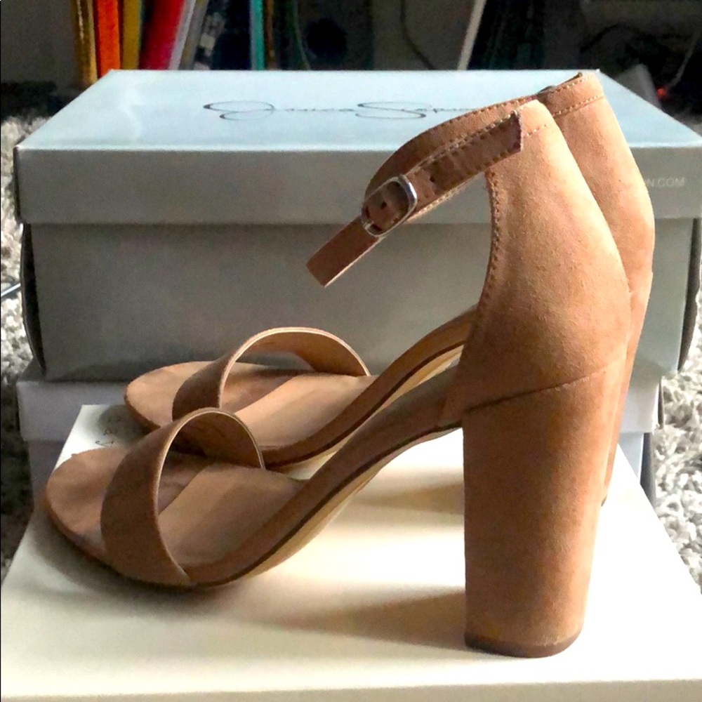 Size 8 Taupe Four Inch block heel sandals